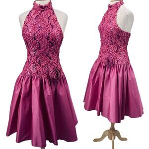 Vintage Fuchsia Halter Sequin Midi Dress